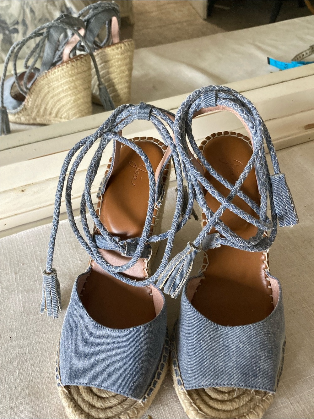Joie Denim-Style Lace-Up Espadrille Wedges in Blue